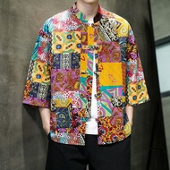 Chinese Style Flower Shirt Men中国风花衬衫男七分袖复古潮流中式盘扣夏季薄款宽松立领衬衣#唐裝男裝上衣#中國風男裝#中國風男裝衬衫#唐裝男孩#唐裝男大码#男裝 大碼#襯衫 