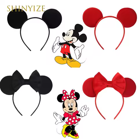 Classic Cute Mickey Mouse Ears Headband 3.3"velvet Ears Headwear Kids Festival Party Bow DIY Hair Ac