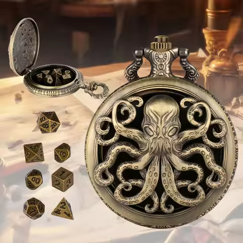 1pcs Octopus Pocket Watch Case Dice Set , 7 Pcs Polyhedral Metal DND Dice, D&D Gifts, Roleplaying Bo
