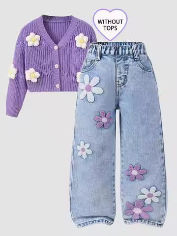 Girls' Floral-Printed Towel-Stitch Denim Jeans Trendy Loose Waist Design Versatile Casual Pants for 