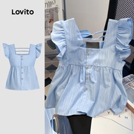 Lovito Casual Blouse Button Spring/Summer Blue Blouse for Women L134ED565