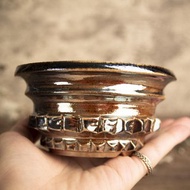 中盆∣柴燒金屬光∣齒輪寬口盆∣塊根多肉植物、手工盆、陶盆