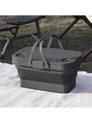 1入灰色野餐籃，戶外防水手提式籃子，露營折疊箱，徒步野餐收納籃套裝，配有摺疊桶