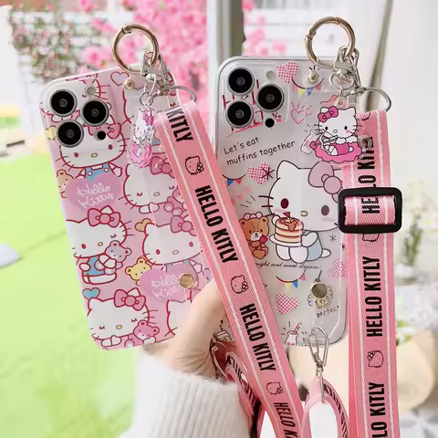 Sanrio Cartoon Hello Kitty Strap Lanyard Phone Case For VIVO Y22 Y31 Y33 Y35 Y51 Y53S Y55 Y70 Y71 Y7