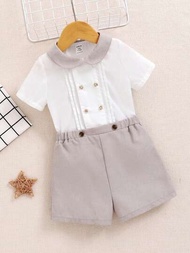 SHEIN 嬰幼兒男女士紳士風格拼色公仔領短袖襯衫和純色短褲套裝,休閒款