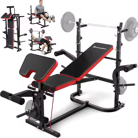 6-in-1 Foldable Weight Bench Set, 1695LBS Adjustable Workout Bench/Barbell Rack/Curl Pad, Bench Pres