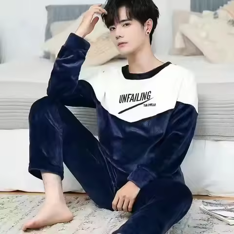 2026 New Coral Fleece Sleepwear for Man Thickening Round Neck Long Sleeve Man 2 Piece Outfit Set Fas