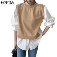 VONDA เสื้อสเวตเตอร์สวมหัวแบบสวมสองชิ้นแบบลำลองเกาหลีแบบลำลองสำหรับผู้หญิง
