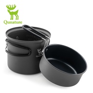 ชุดหม้ออลูมิเนียมเบาพกพาได้สะดวกเครื่องครัวแคมปิ้ง Qunature ชุดหม้อ HANDEL Lipat ปิกนิกปีนเขาสองในหน