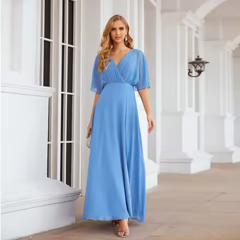 Sharon Said Dusty Blue Flutter Sleeves Deep V-Neck Bridesmaid Dress Side High Slit Women's Wedding P