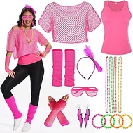 Ulikey 80s 90s Outfit Women, 80s Clothing Women's Set, Mesh Shirt, Tank Top, Necklace, Bracelet, Ear