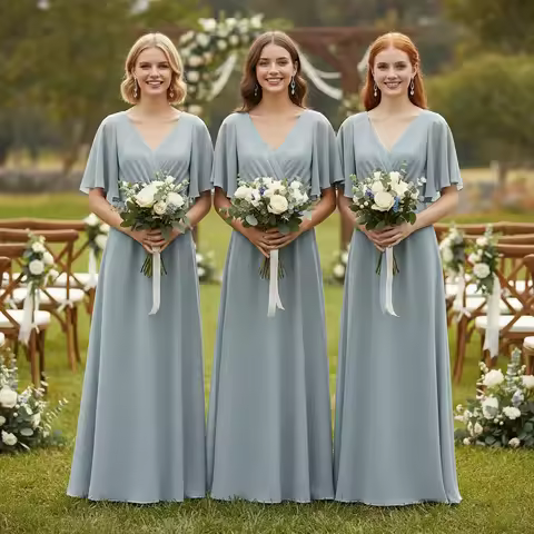 Sharon Said Elegant A Line Bridesmaid Dress Pleated V Neck Half Sleeves Women's Wedding Guset Party 
