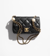 全新Chanel 2024黑色 垂蓋 手袋 mini flap bag 17cm 珍珠鏈  classic lamb 羊皮 方胖子