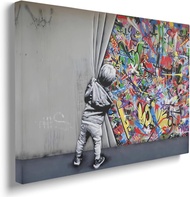 Graffiti Banksy Canvas Wall Art Poster Prints Colorful a Kid Boy Behind The Curtain Picture Artwork 