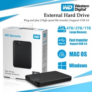 WD Elements ฮาร์ดดิสก์ภายนอก 4TB/2TB/1TB ความจุขนาดใหญ่ การถ่ายโอนไฟล์ความเร็วสูง รองรับ USB 3.0 สำห