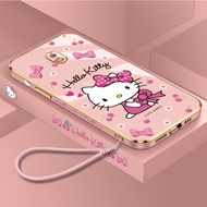 Casing Samsung Galaxy J7 Pro 2017 J730 J2 Prime On7 2016 J4 Core J6 Plus 2018 Cartoon Cute Pink Hello Kitty Cat Luxury Square Plating Soft Silicone Phone Case with Lanyard Cover