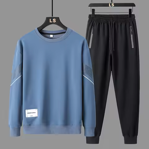Men 2 Piece Tracksuit Line Print Crew Neck Sweatshirt Zipper Pocket Cuffed Jogger Pants Set