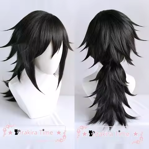 Tomioka Giyuu Cosplay Wig Short Black Ponytail Wig Anime Heat Resistant Hair Cosplay Costume Wigs + 