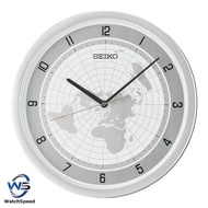 Seiko QXA814 QXA814A Quiet Sweep Silent Movement Silver White Analog Quartz World Map Design Wall Clock