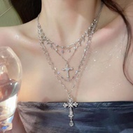 YX Gothic Rhinestone Cross Pendant 4 Layer Layered Necklace Vintage Edgy Party Jewelry Gift for Girl