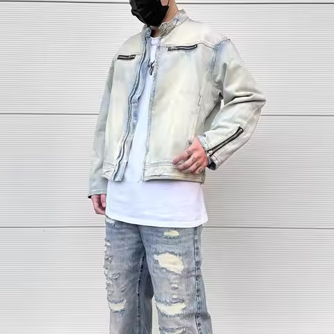 Y2k Streetwear Washed Biker Jeans jackets for Men and Women Zipper Pocket Ropa Hombre Windbreaker De