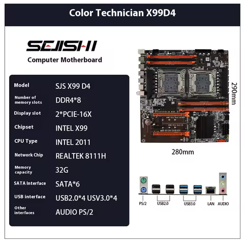 SEJISHI Motherboard LGA 2011 3 with NVME NGFF M.2 Support 4 channels X99 DDR4 Memory SATA3.0 TPM 2.0