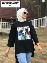 Atasan Oversize Aldira Belah Samping Kaos Wanita Hijab Motif Panjang Belakang Atasan Wanita Serbagun