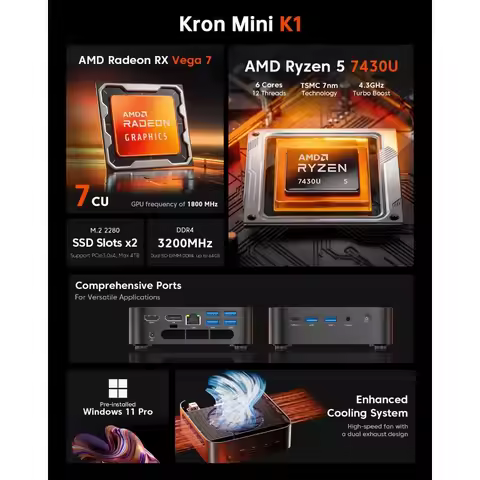 K1 Mini PC Gaming, AMD Ryzen 5 7430U (equiv to 5850U, 6C/12T, Up to 4.3Ghz) 16GB DDR4 512GB SSD Mini