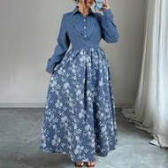 Plus Size Women's French Casual Elegant Embroidery Printed Long Sleeve Dress, Autumn/Winter 1 Piece 