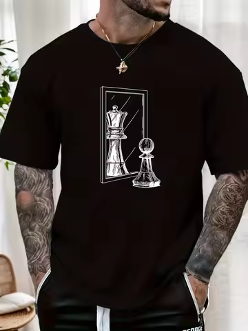 Art Aesthetic Male 100% Cotton T-shirt Creative Mirror Reflection Chess Sketch Print Skin Friendly O