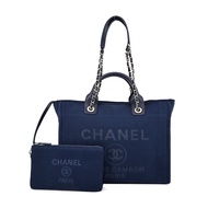 CHANEL 經典Deauville帆布鏈帶托特包(深藍)/平行輸入