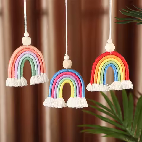 Boho Handmade Rainbow Decoeation Weaving Rainbow Keychains Car Rearview Mirror Pendant Auto Interior