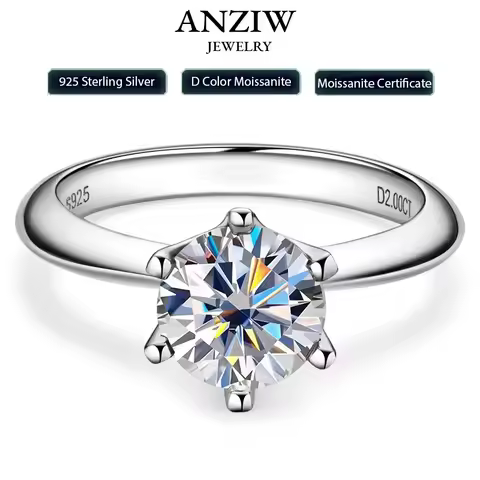 Anziw 2CT 3CT Moissanite Ring 1CT 0.5CT Wedding Engagement Ring 925 Sterling Silver for Women Solita