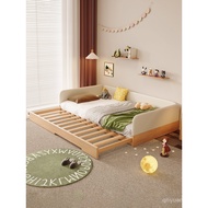 Aiwo Montessori Children's Bed Floor Bed with Guardrail Pull-out Solid Wood Stitching Bed Retractabl