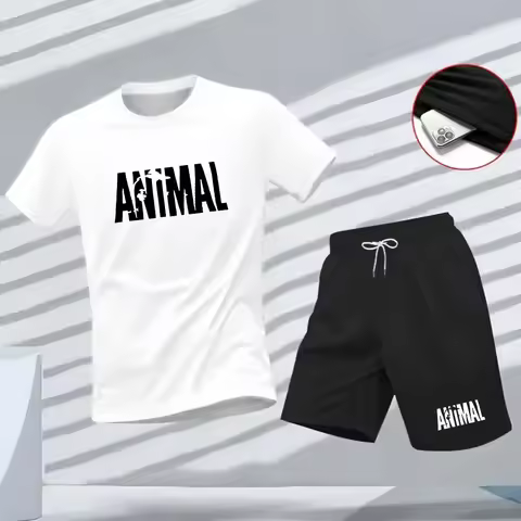 Animal Letter printed 2 pcs sets Style Fashionable Men's T-Shirt, Short-Sleeved O-Neck Sportswear, G