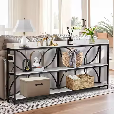 70.9 Modern Sofa Tables with 3 Tier Console ShelvesUSB Type C Quick Charge AC Sockets Industrial Met