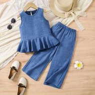 2pcs Young Girl Beach Vacation Set: Sleeveless Ruffle Hem Blouse + Wide Leg Pants, Sisters Matching 