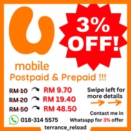 【3% Discount!!】U mobile Top up Prepaid Topup Postpaid Pay Bill top up u mobile pre paid post paid