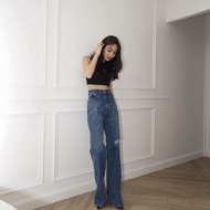 VALENCIA - HAILEY JEANS กางเกงยีนส์ทรงกระบอกใหญ่ ปลายขากว้าง ผ้าไม่ยืด