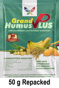 [ICE] 50g Grand Humus Plus Repacked- Organic NPK and Foliar Fertilizer for Plants, Vegetables, Corn and Rice. Better than Humic and Fulvic as Garden Soil Conditioner, Growth Enhancer and Flower Blooming (Pampabunga). Compatible with Amo, Anna, Canaan, MRJ