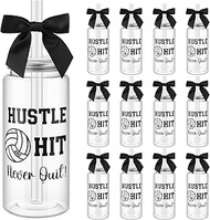 12 Pcs Volleyball Plastic Tumbler Cups with Lid and Straw Bow Decorated Black 13.5 oz Reusable Plast