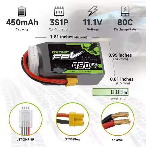 Ovonic 3S LiPo Battery 11.1V 450mAh 80C with XT30 Connector, Rechargeable Battery for 80-130mm Micro