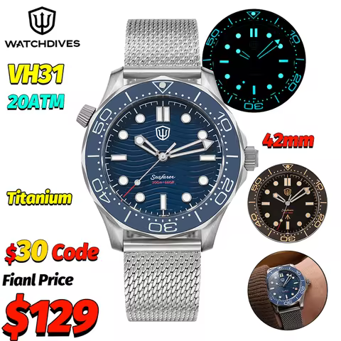 Watchdives WD007Q Luxury Titanium Watch 007 NTTD VH31 Sweep Quartz Wristwatches AR Sapphire 200M Wat