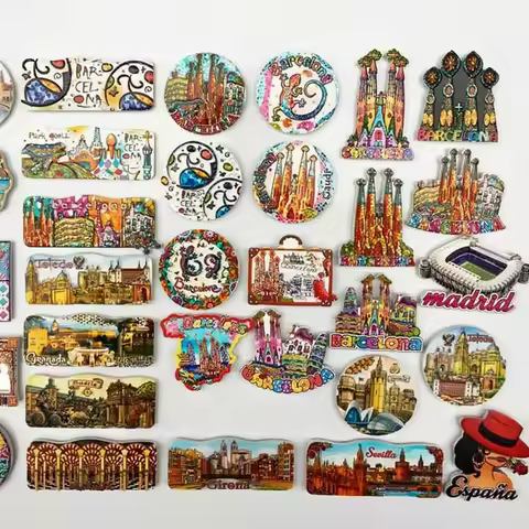 Spanish fridge magnets Toledo Granada Madrid Sevilla Barcelona Girona Espana tourism souvenir UV mag