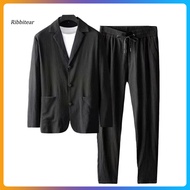  1 Set Autumn Men Blazer Pants Stripe Pleats Jacket Drawstring Pants Casual Suit for Wedding