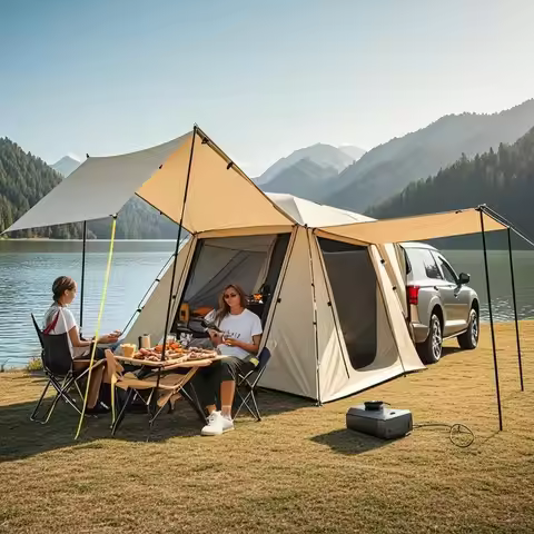 6-Person Size Car Rear Tent with Four Large Window Car Tailgate Tent Back SUV Tent with Large Awning