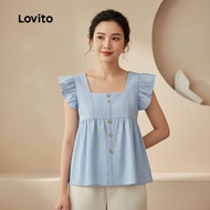 Lovito Blaus Kasual Butang Musim Bunga/Panas Biru untuk Wanita L134ED565