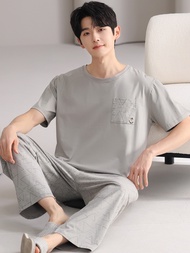 High-quality pajamas) 100% pure cotton pajamas mens spring and summer 2025 new simple short-sleeved 
