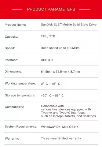 SanDisk 1TB 2TB ELE Portable SSD 400MB/s Read Fast File Transfer External Solid State Drive for Offi