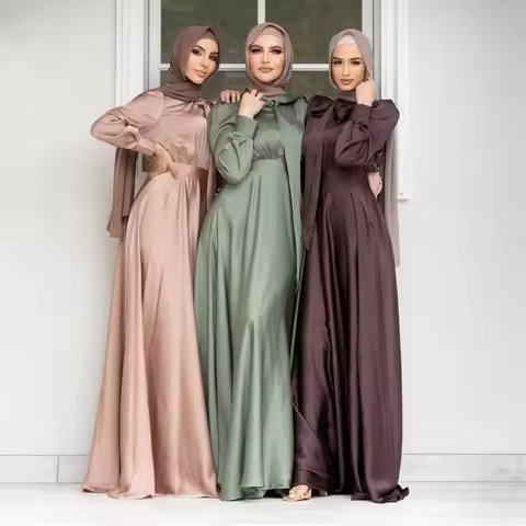 Women Satin Dress Muslim Abaya Solid Color Women Dress Long Sleeve Pullover Europe Fashion Muslim Dr